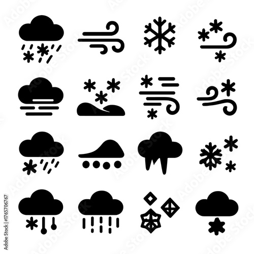 Blizzard Icon Set. Blizzard Weather Elements icons in silhouette. Heavy snowfall, strong wind, snowflakes, icy gust, low visibility, snowdrift
