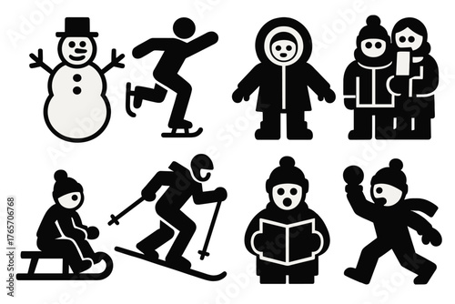 Winter Icons Collection. Wintertime Figures silhouette set: snowman, ice skater, child in parka, bundled couple, sled rider, skier, caroler, snowball thrower.