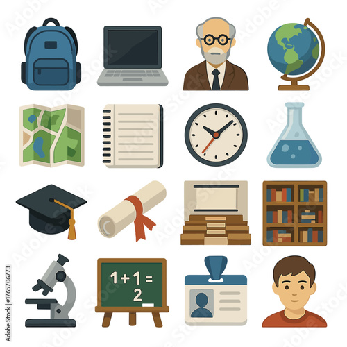 Academic Icons Collection. Backpack, computer, book, professor, globe, campus map, notebook, clock, lab flask, graduation cap, diploma, lecture hall