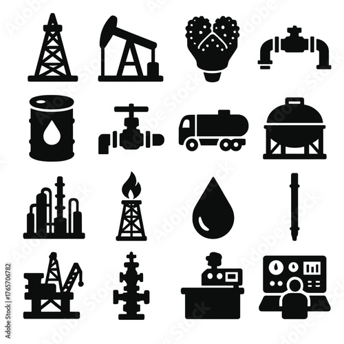 Oil Industry Icons. Oil extraction and drilling icons in silhouette. Oil rig, derrick, pumpjack, drilling bit, pipeline, oil barrel, valve, tanker