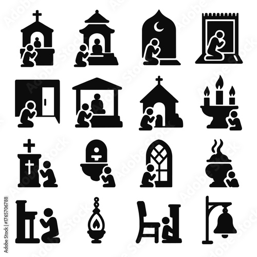 Silhouette Worship Icons. Prayer in places of worship icons in silhouette. Church altar, temple shrine, mosque prayer area, prayer rug, prayer room