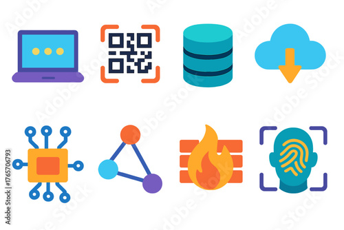 Digital Security Icons. Digital Passcode flat icons: laptop screen, QR code, database cylinder, cloud storage, circuit board, algorithm nodes, firewall, biometric scan.