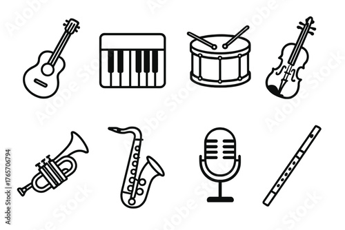 Musical Instrument Icons. Musical Instruments outline set: guitar, piano, drum, violin, trumpet, saxophone, microphone, flute.,