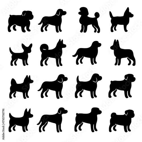 Dog Breed Silhouettes. Dog Breeds and Types icons in silhouette. Bulldog, labrador, poodle, dachshund, chihuahua, husky, golden retriever, pug