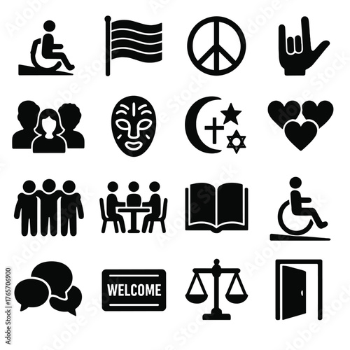 Inclusive Community Icons. Inclusive Community Icons icons in silhouette. Accessible ramp, pride flag, peace sign, sign language hand, age diversity