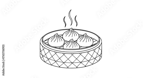 Vector line art of Chinese dumplings in a bamboo steamer, black and white minimalist design