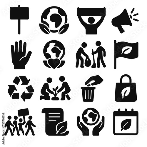Eco Activism Icons. Cleanup and prevention tools icons in silhouette. Trash picker, recycling bin, compost container, protective gloves, trash bag