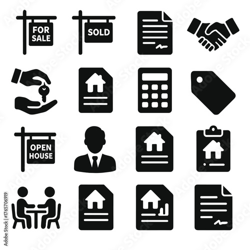 Realty Icon Set. Realty transaction elements icons in silhouette. For sale sign, sold sign, contract, handshake, key exchange, mortgage document