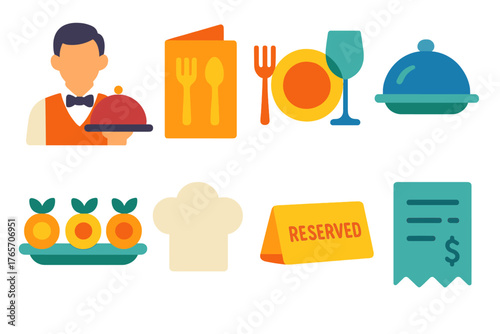 Minimalistic Restaurant Icons. Restaurant serving flat icons: waiter figure, menu card, table setting, dish platter, appetizer plate, chef hat, reserved sign, bill receipt.