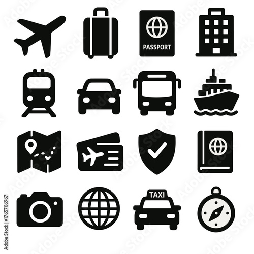Travel Booking Icons. Travel booking icons in silhouette. Airplane, suitcase, passport, hotel building, train, car rental, bus, cruise ship, map
