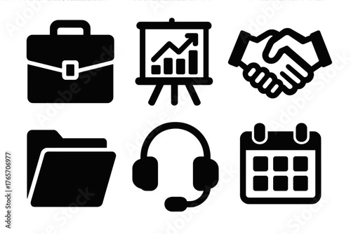 Brutalist Business Icons. Business user support silhouette set: briefcase, chart board, handshake, document folder, headset, calendar.,