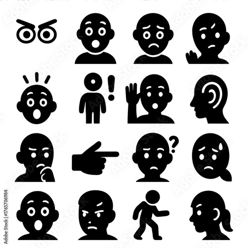 Emotion Icon Set. Attention in emotions and behavior icons in silhouette. Focused eyes, surprised face, worried face, raised eyebrow, shocked