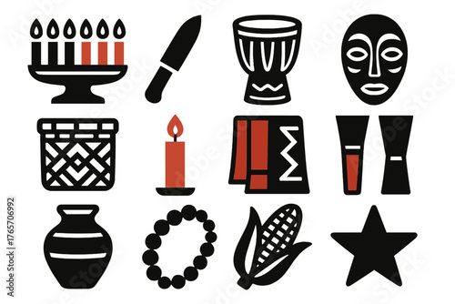 Kwanzaa Icons Collection. Kwanzaa Craft silhouette set: kinara, carving knife, drum, mask, woven basket, candle, fabric, paintbrush, clay jar, beads, corn, star., , High resolution