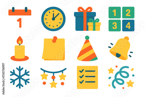 Colorful Holiday Icons. Holiday Anticipation Countdown — Bright Flat Icons flat icons: calendar page, ticking clock, wrapped gifts, numbered advent doors, candle lighting, note