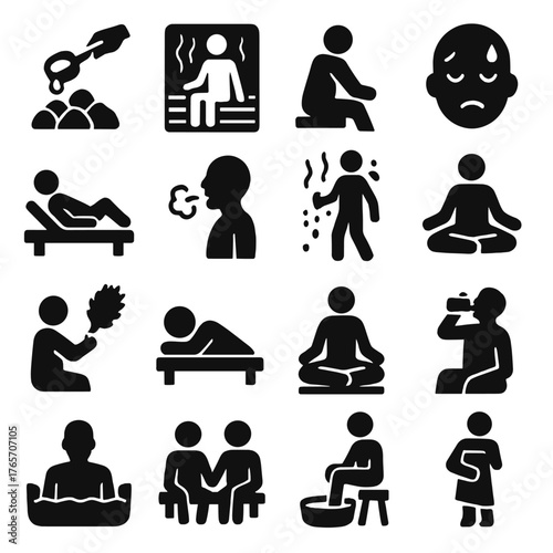 Sauna Ritual Icons. Sauna rituals and activities icons in silhouette. Pouring water on stones, steaming sauna, person sitting in sauna, sweating face