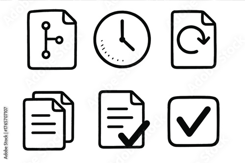 Version Control Icons. Version Control linear set: file history, clock icon, restore arrow, change log, duplicate files, confirmation checkmark.