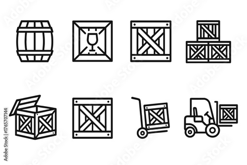 Crates and Barrels Icons. Crate outline set: barrel and crate, crate with fragile glass symbol, crate with up arrows, stacked wooden boxes, open lid crate, packed crate, trolley