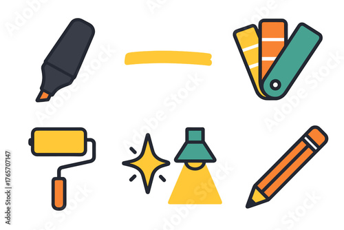 Vibrant Tool Icons. Highlighting tools flat icons: marker pen, highlighter stroke, underlined text, color swatch, paint roller, glowing star, spotlight, pencil.