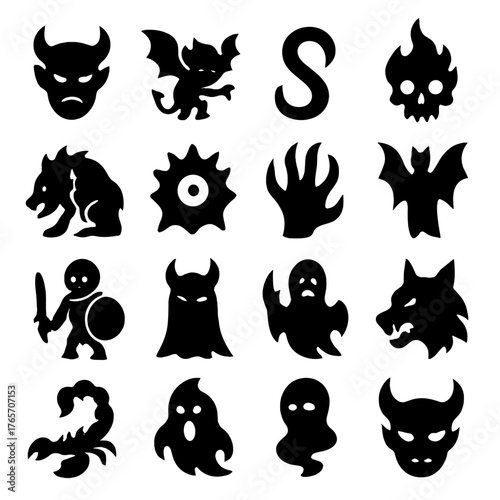 Demonic Silhouette Icons. Demonic Creatures and Beings icons in silhouette. Horned demon, winged imp, serpent tail, flaming skull, chained beast, one