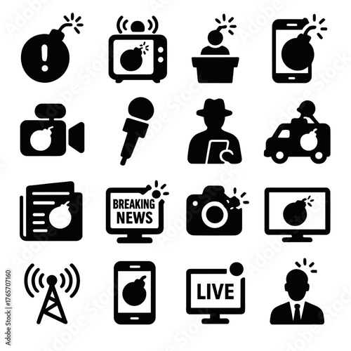 News Alert Icons. Bomb media and communication icons in silhouette. News alert, emergency broadcast, press conference, social media alert, video