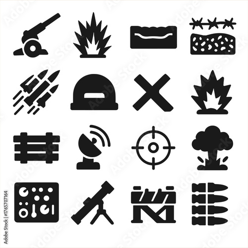 Military Icon Silhouettes. Military Barrage Concepts icons in silhouette. Artillery silhouette, shell burst, defensive trench, barbed wire icon
