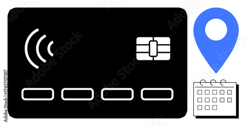 Contactless credit card with NFC symbol, blue location pin, and calendar icon emphasizing digital payment, location services, and scheduling. Ideal for technology, finance, navigation, time