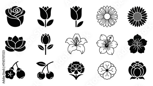 Floral Icons Simple Black and White Flower Set for Graphic Design Projects