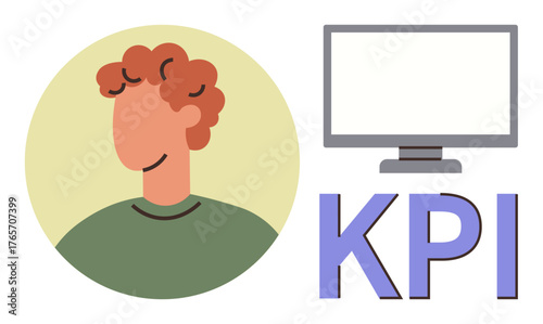 Person with curly hair beside a computer monitor and large KPI text. Ideal for analytics, performance tracking, business objectives, data evaluation, work efficiency, goal achievement, simple flat