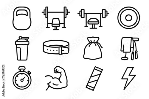 Fitness Equipment Icons. Strength Training outline set: kettlebell, squat rack, bench press, weight plate, protein shaker, lifting belt, chalk bag, gym towel, jump rope, stopwatch,