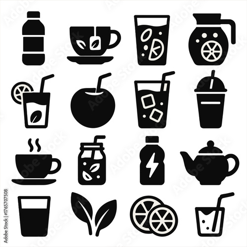 Sauna Refreshment Icons. Sauna beverages and refreshments icons in silhouette. Water bottle, herbal tea, lemon water, infused water jug, glass of