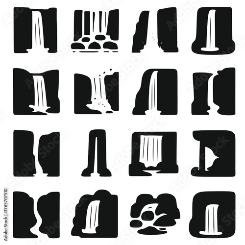 Waterfall Icon Collection. Waterfall landscapes and formations icons in silhouette. Tall cascade, wide falls, multi-step falls, plunge pool, cliff