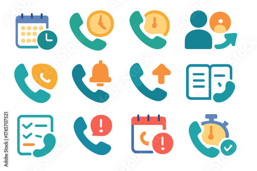 Colorful Call Icon Set. Follow-up Call Icons flat icons: phone with calendar, phone with clock reminder, scheduled call icon, contact with reminder arrow, callback schedule, phone