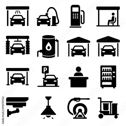 Car Wash Icons. Car wash facilities and infrastructure icons in silhouette. Wash bay, vacuum station, payment kiosk, waiting area, drying station