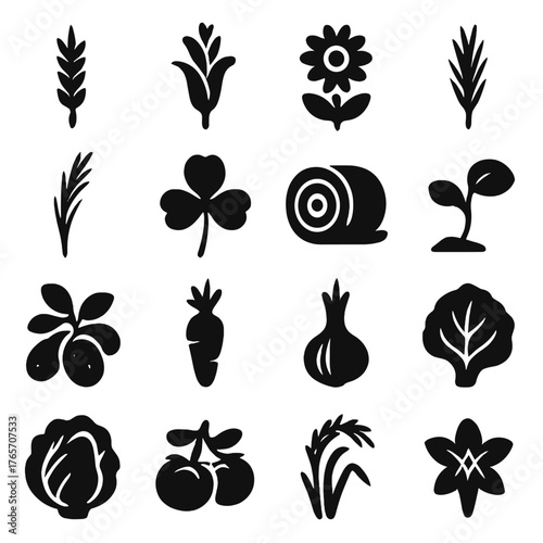 Field Crops Silhouettes. Field crops and plants icons in silhouette. Wheat stalk, corn plant, sunflower, barley, rye grass, clover, hay bale, bean