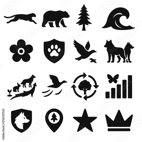 Nature Icon Series. Nature and animal ranking icons in silhouette. Fastest animal, strongest animal, tallest tree, largest ocean wave, rare flower