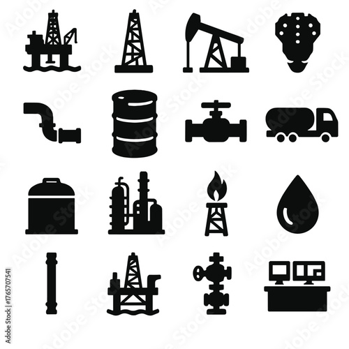 Oil Extraction Icons. Petroleum extraction and drilling icons in silhouette. Oil rig, derrick, pumpjack, drilling bit, pipeline, oil barrel, valve