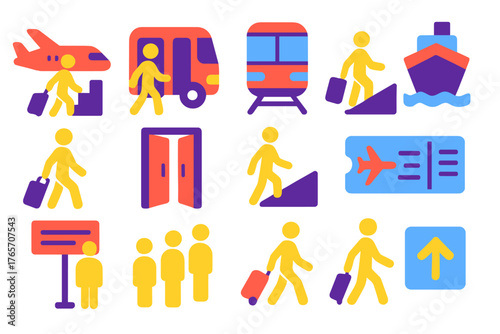 Boarding Icons Collection. Boarding Basics flat icons: airplane boarding icon, bus boarding, train boarding, ship boarding, passenger with suitcase, person entering door, person on