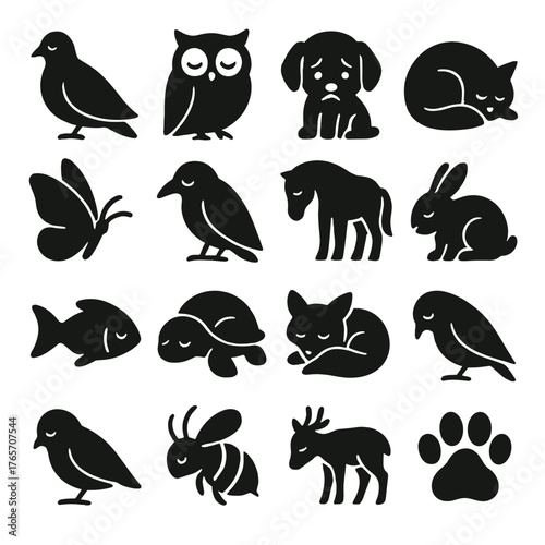 Grief Animal Silhouettes. Grief animals icons in silhouette. Silent dove, lonely owl, sad puppy, resting cat, wilted butterfly, mourning crow