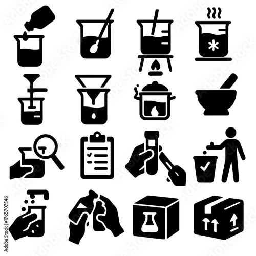 Lab Process Icons. Beaker lab processes icons in silhouette. Preparing solutions, mixing reagents, heating liquids, cooling mixtures, titrating acids