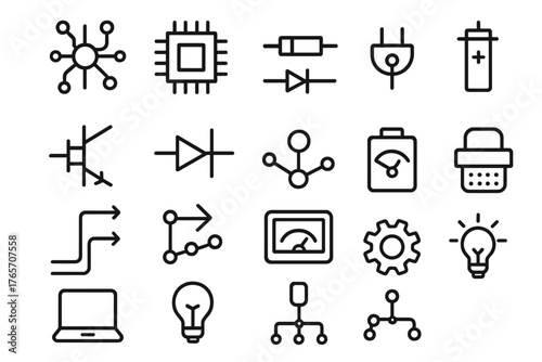 Circuit Component Icons. Circuit outline set: circuit board, microchip, resistor, capacitor, transistor, diode, switch, battery, wire, gear, flow arrows, network nodes, dashboard,