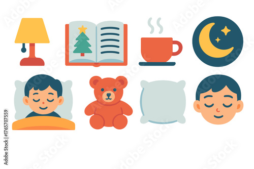 Bedtime Reading Icons. Holiday Stories Bedtime Reading flat icons: bedside lamp, open storybook, child tucked in, fluffy pillow, teddy bear, steaming tea cup, gentle moonlight,