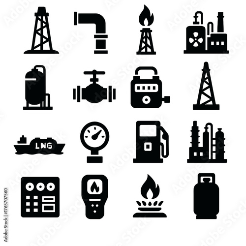 Gas Infrastructure Icons. Gas extraction and infrastructure icons in silhouette. Gas well, pipeline, gas flare, compressor station, storage tank, gas