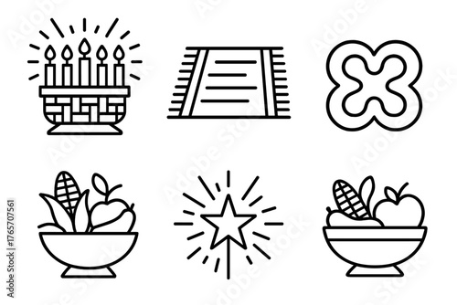 Kwanzaa Kinara Icons. Kwanzaa Celebration outline set: kinara with seven candles, woven mat, unity symbol, fruit bowl, light rays, star.