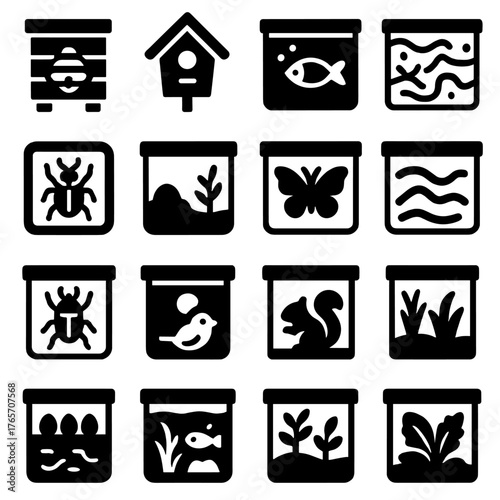 Animal Icon Silhouettes. Animal and nature boxes icons in silhouette. Bee box (beehive), birdhouse box, fish tank box, ant farm box, insect box