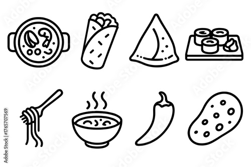 Cultural Food Icons. Cultural Dishes outline set: paella pan, burrito, samosa, sushi platter, pasta fork, soup bowl, chili pepper, naan bread.