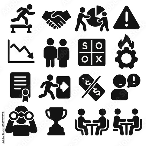 Market Challenge Icons. Market leader challenges and competition icons in silhouette. Obstacle icon, rival handshake, market share fight, warning