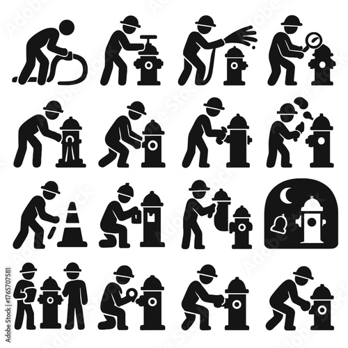 Hydrant Actions Icons. Hydrant components and parts icons in silhouette. Nozzle cap, hose coupling, valve stem, operating nut, breakable flange, side