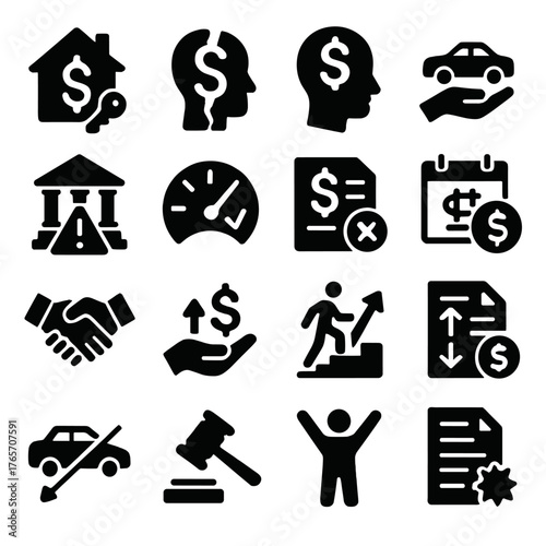 Debtor Outcome Icons. Debtor consequences and outcomes icons in silhouette. Foreclosure, bankruptcy, wage garnishment, asset seizure, court judgment