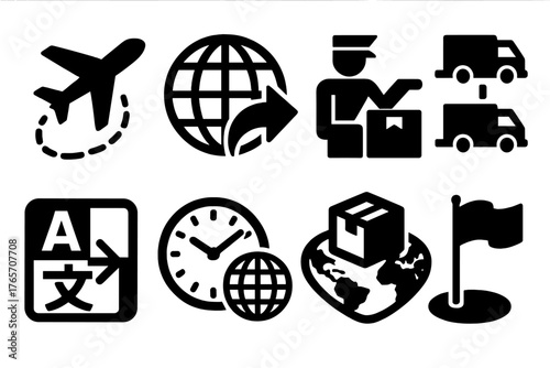 Global Shipping Icons. Global Order Tracking silhouette set: airplane delivery route, international shipping globe, customs checkpoint icon, multi-carrier network, translation