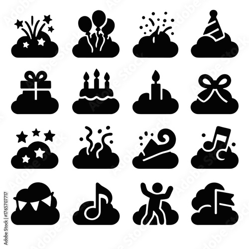 Festive Cloud Icons. Cloud in holidays and celebrations icons in silhouette. Cloud with fireworks, cloud with balloons, cloud with confetti, cloud